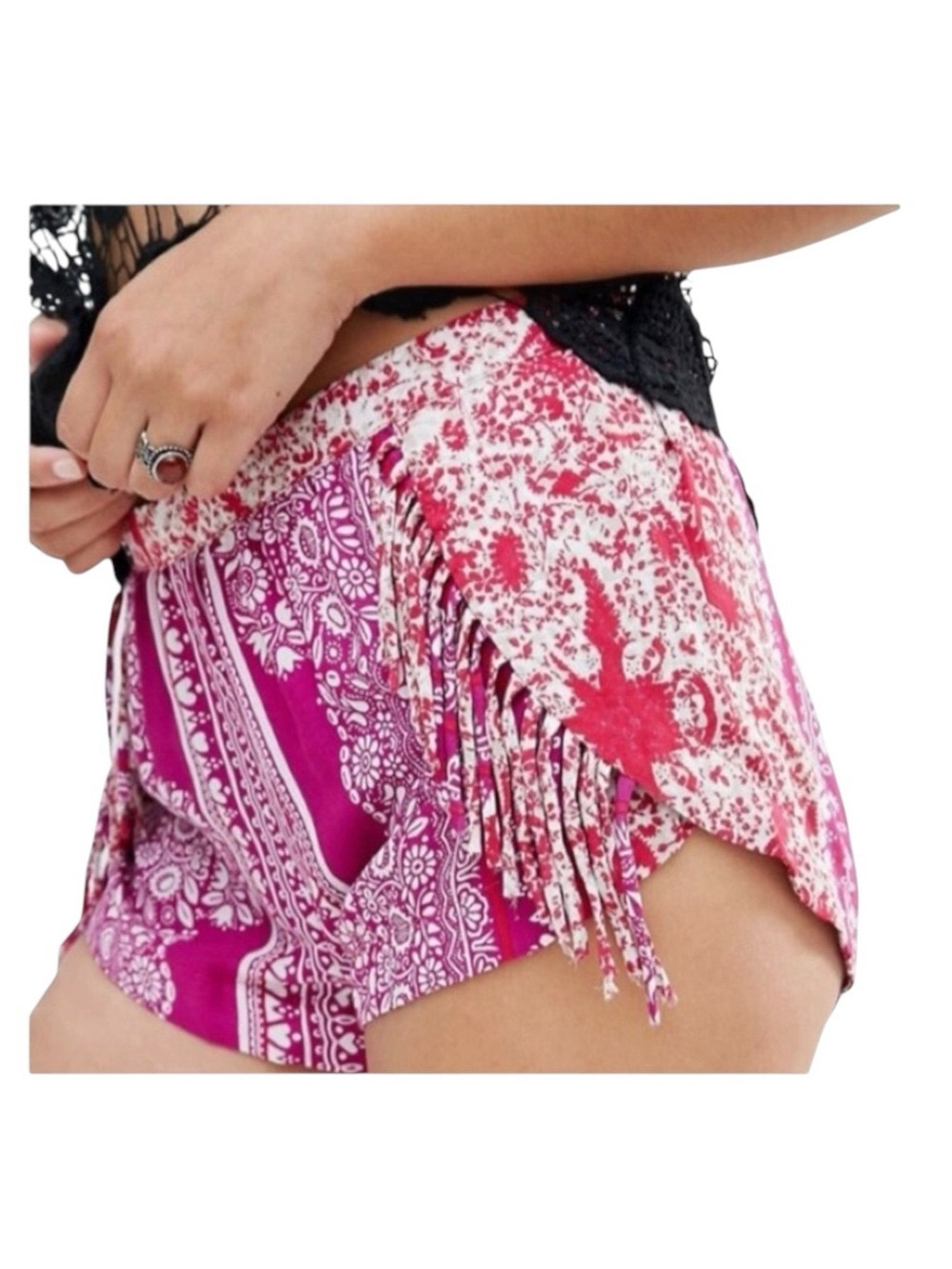 new Gypsy05 ꧁ Mixed Print Rayon Voile Fringe Shorts ꧂ Hot Pink Large ꧂ Festival - Picture 7 of 16